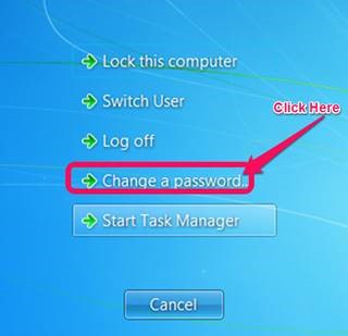 Windows 7 image that shows Ckick here to Change Password
