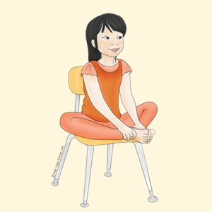 cartoon of a young girl sitting in a chair with her feet together on the seat of the chair