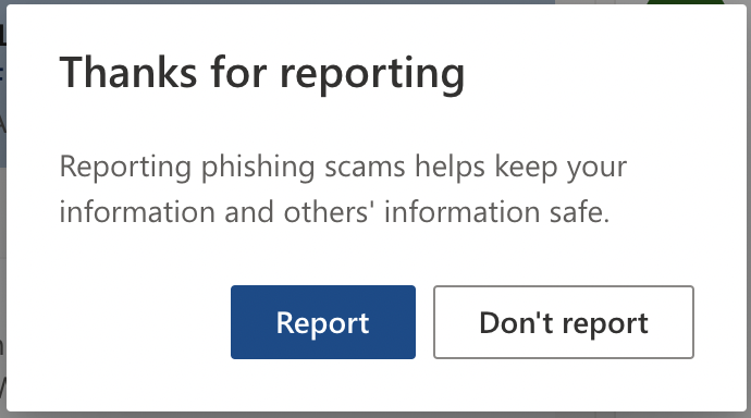 Image of reporting a phishing email in Office 365 Email