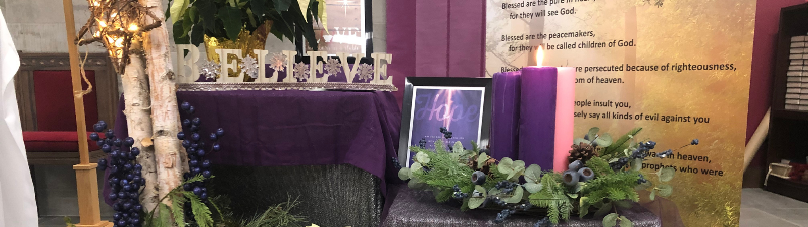Advent Display featuring: candles, star, grapes, flowers