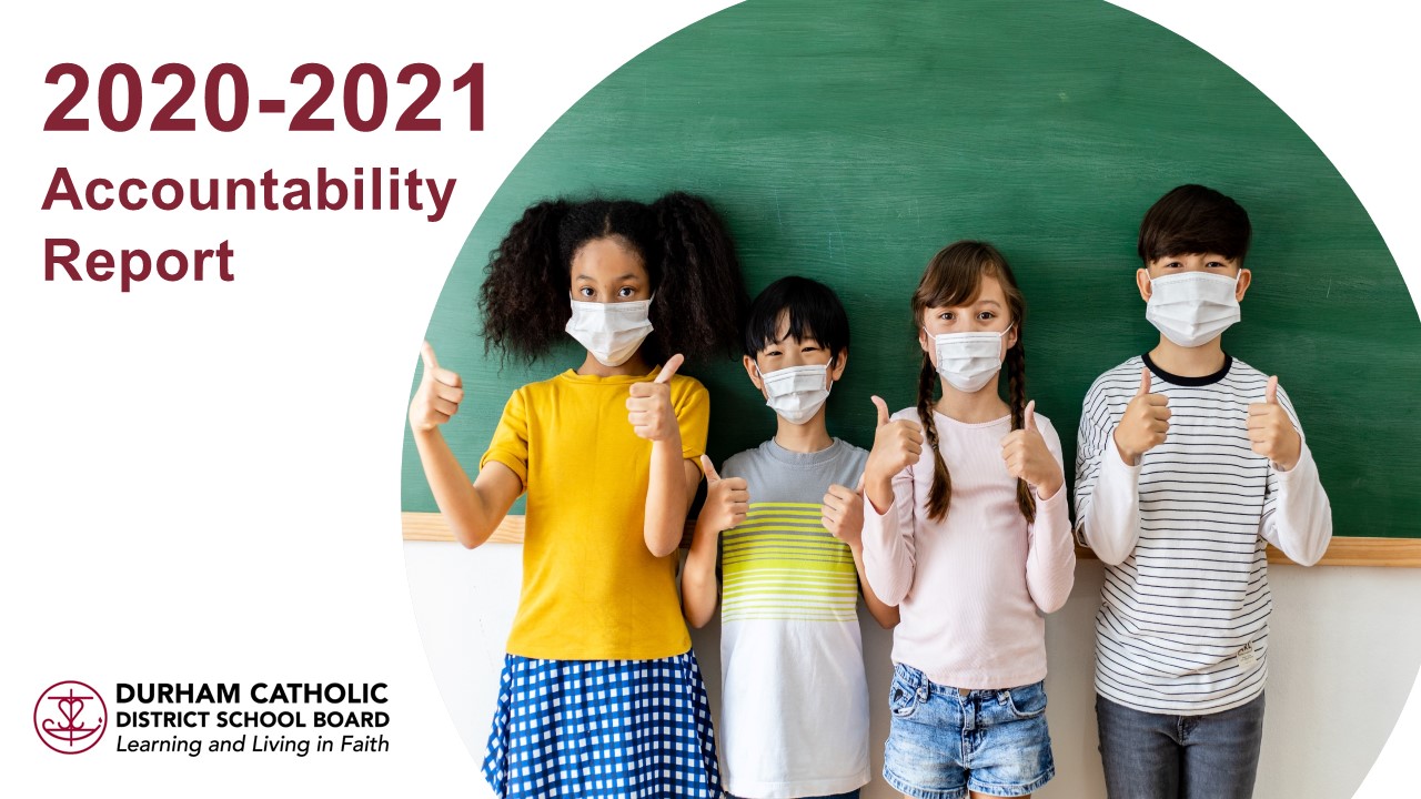 2020-2021 Accountability Report Overview Two female and two male students wearing masks and giving a thumbs up