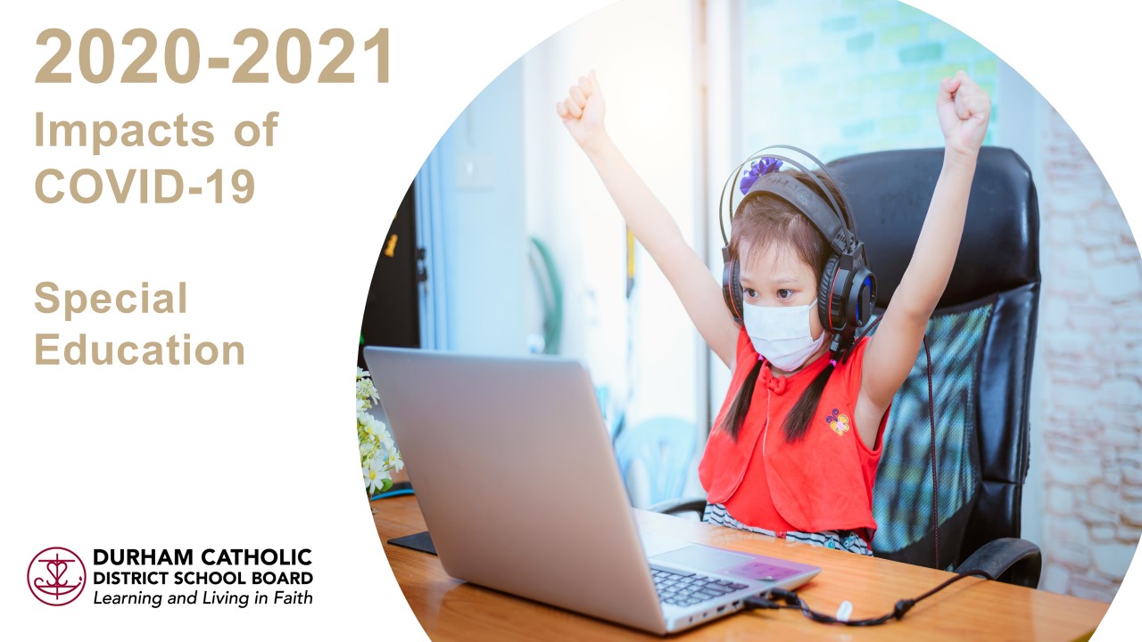 2020-2021 Accountability Report - Impacts of COVID-19 Special Education Female student wearing a mask, headphones and participating in virtual learning with arms in the air