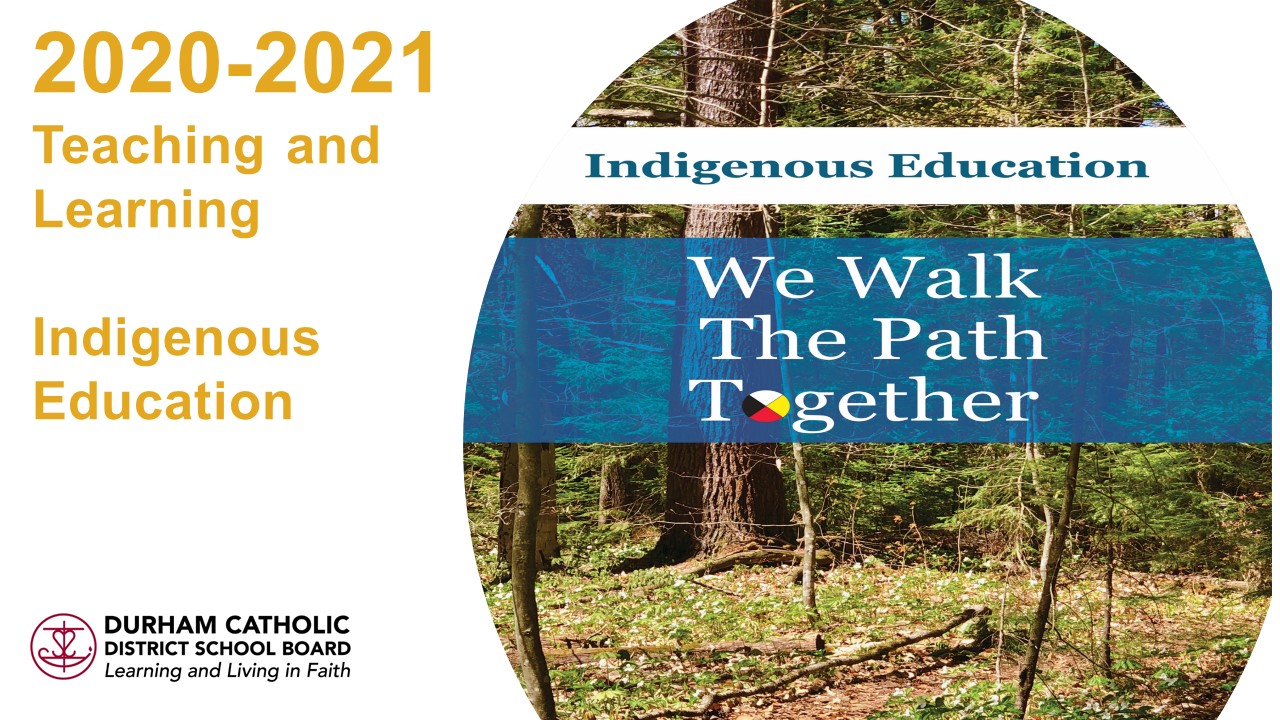 2020-2021 Accountability Report - Indigenous Education We Walk the Path Together pathway in a forest with a broken tree