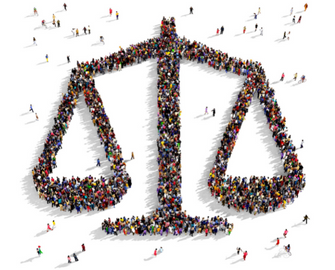 Humans forming a legal scale of justice