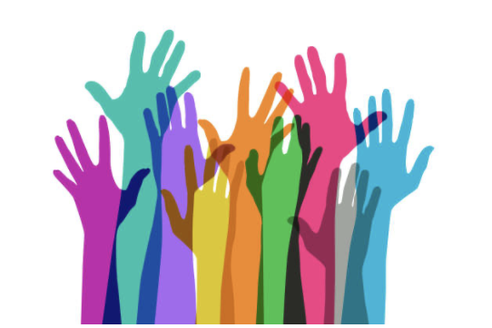 rainbow coloured hands raising their hands over a white background