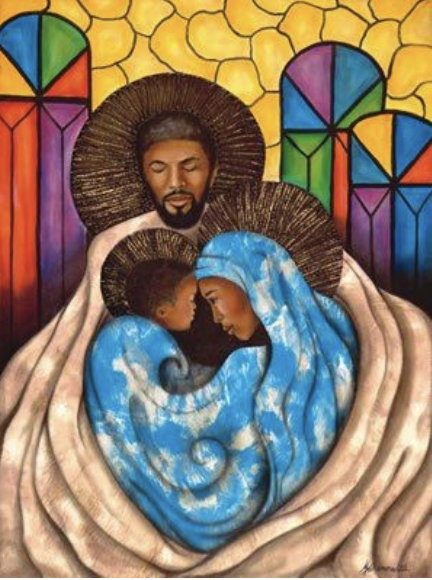 a painting of Mary, Joseph and Baby Jesus