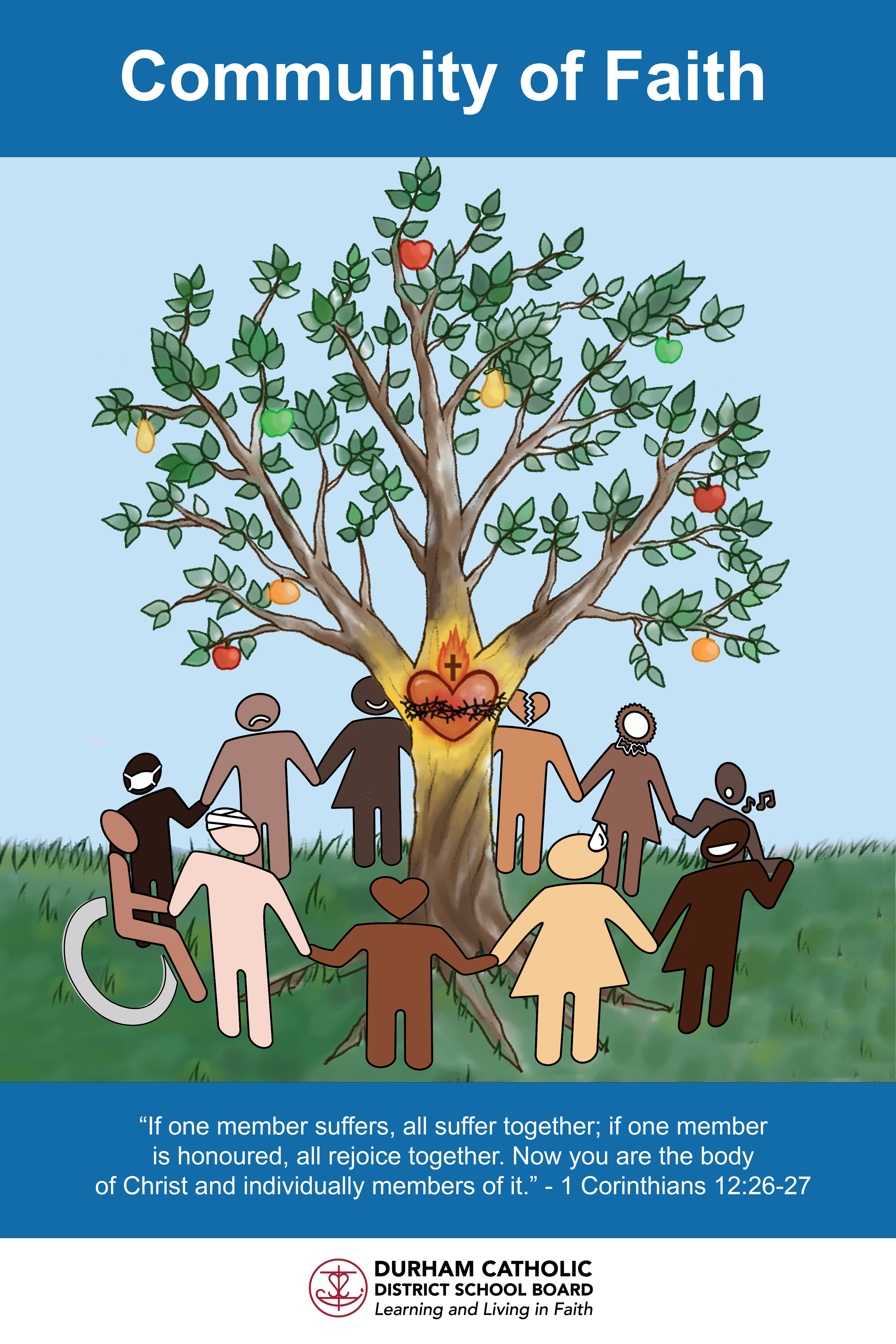 Tree with fruit and people surrounding the tree holding hands