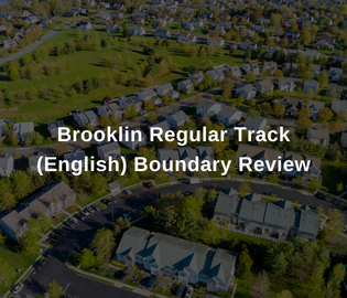 Aerial view of a neighbourhood. Overlay text reads Brooklin Regular Track (English) Boundary Review