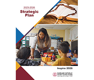 cover of the Inspire 2026 strategic plan with rosary on bible and female educator in a classroom with students