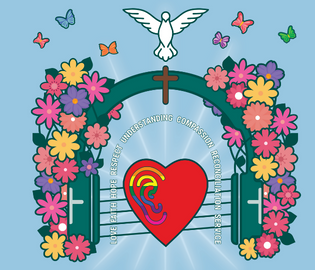 Headphones with colourful flowers surrounding them. In the centre is a red heart with a rainbow ear. Text around the heart reads love, faith, hope, respect, understanding, compassion, reconciliation. A brown cross and a white dove hover over the headphones 