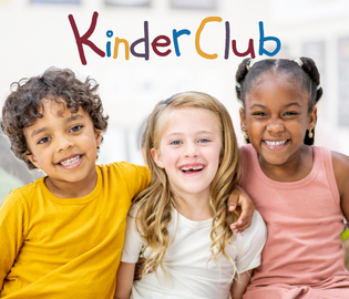 3 kindergarten children smiling together. Text above reads KinderClub
