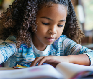 Girl reading a book at a desk