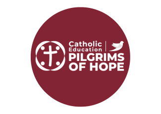 red circle with catholic education week logo in the centre