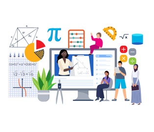 Graphic with math symbols and calculators