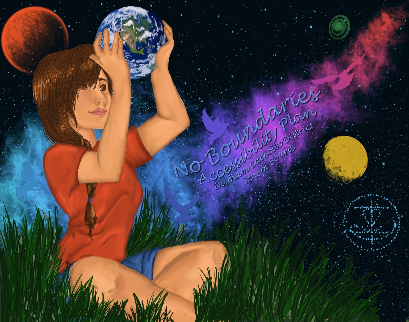 Cartoon of female adult holding the earth in her hands with planets around here