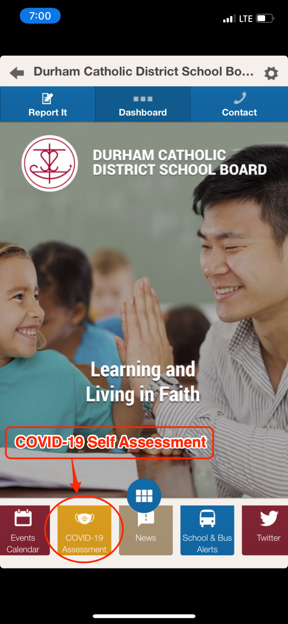 screenshot of DCDSB app with Self Assessment Screening highlighted