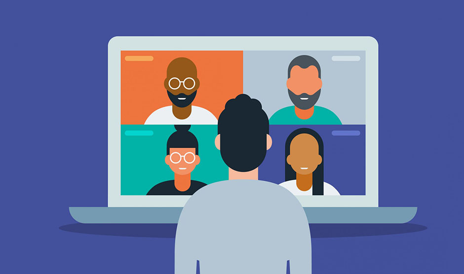 cartoon of virtual meeting on computer