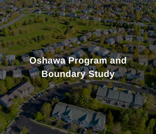 Aerial view of a neighbourhood. Overlay text reads Oshawa Program and Boundary Study