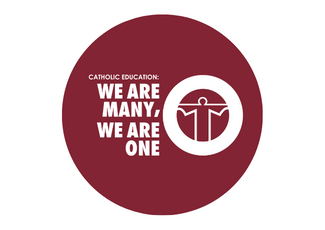 red circle with catholic education week logo in the centre