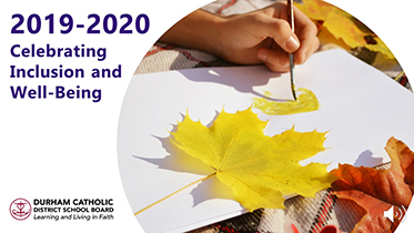 Celebrating Inclusion and Well-Being text with child's hand painting leaves on white paper