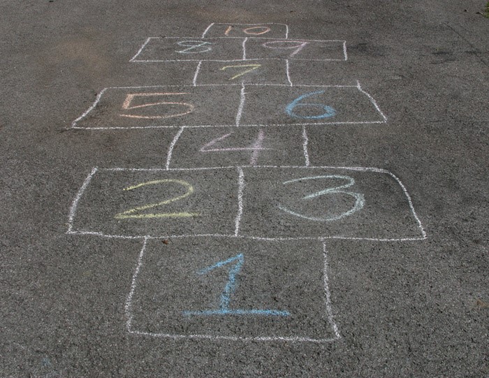 Hop scotch pattern drawn on a driveway in chalk