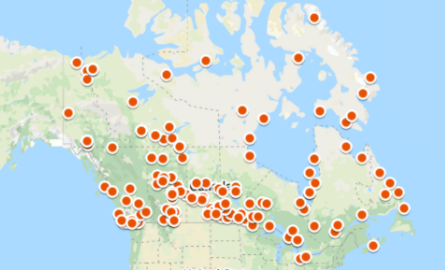 map of canada with icons over where residential schools were