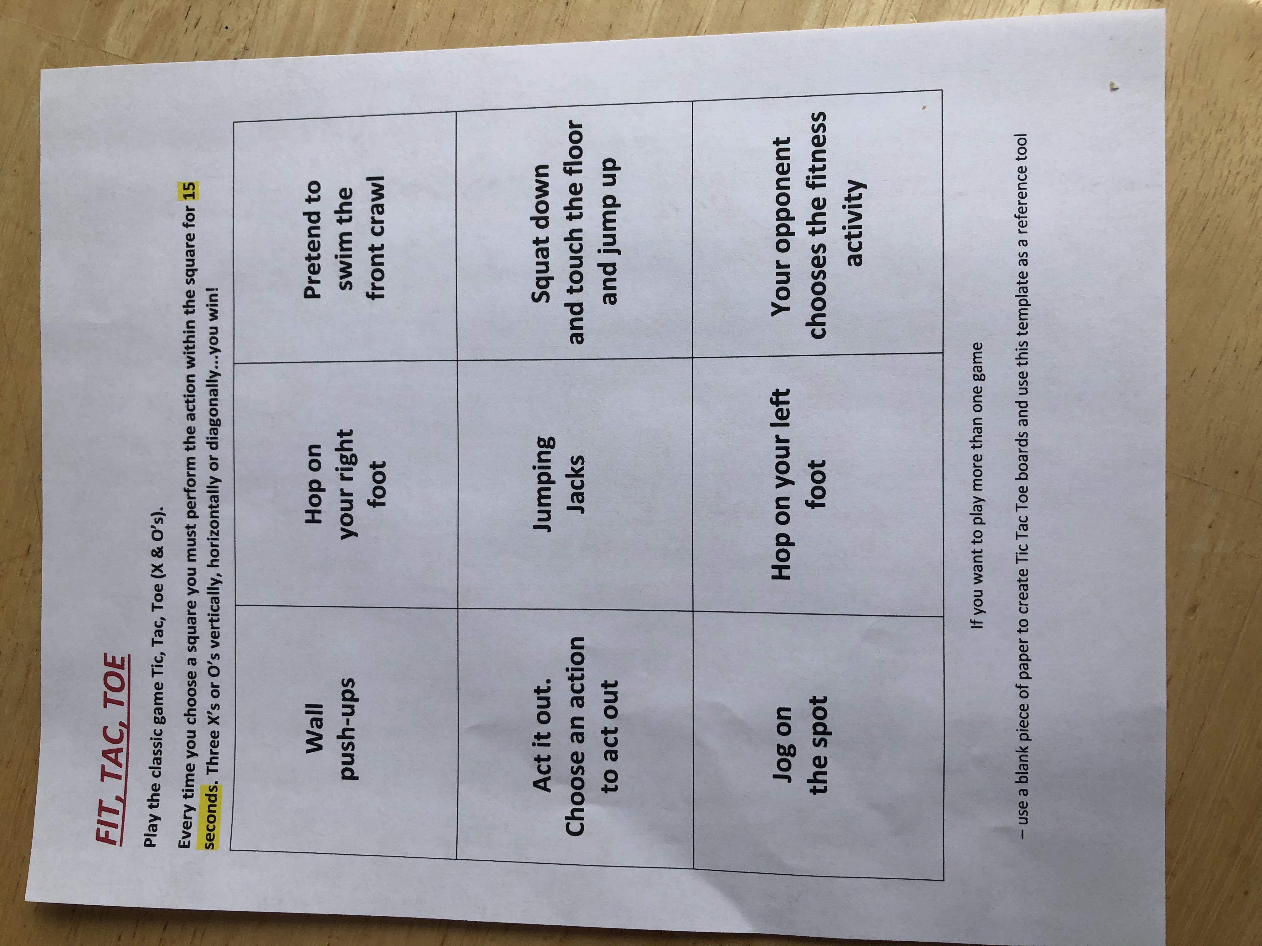 Instructions for playing Fit Tac Toe and the exercises to complete to win three in a row