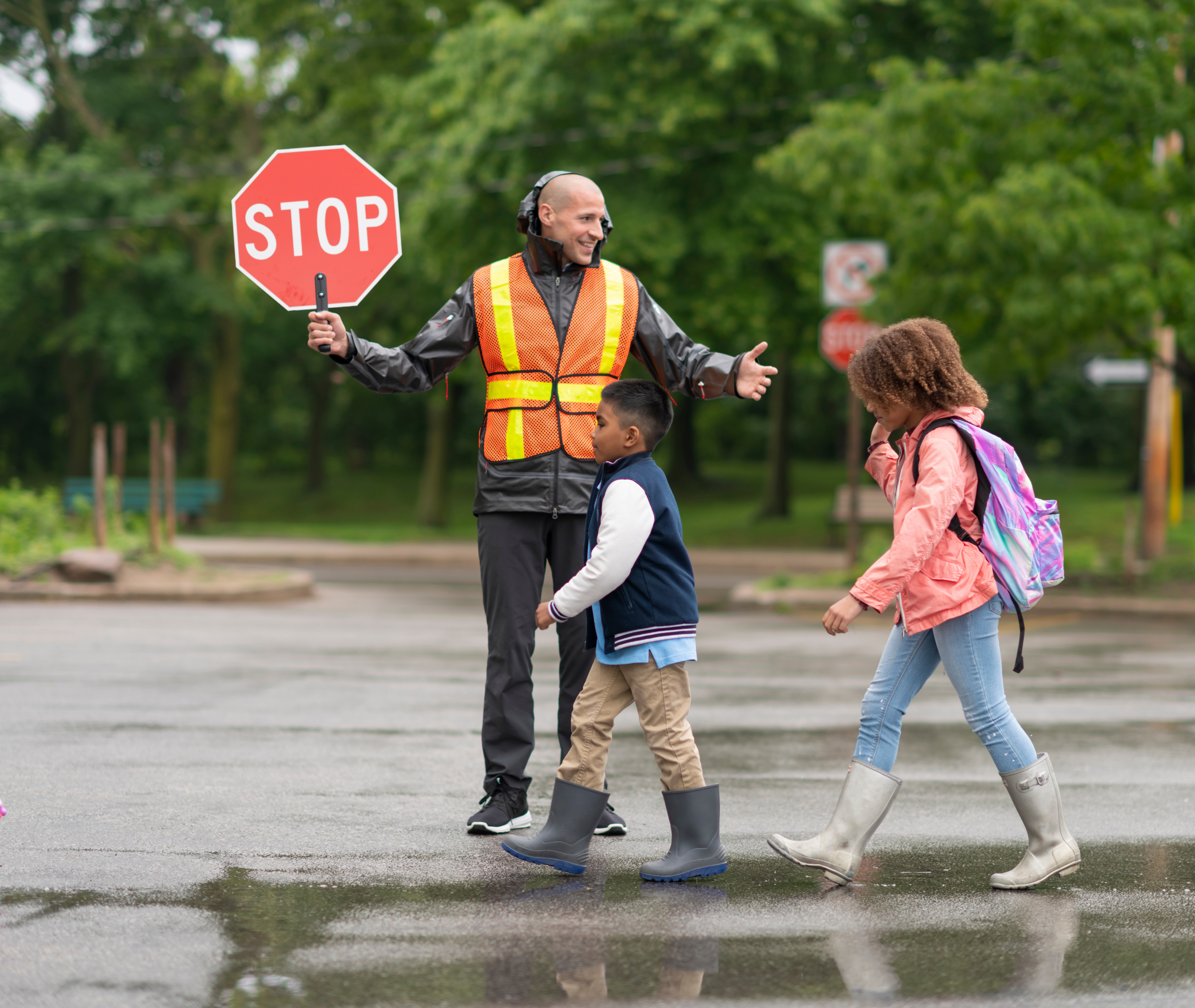 Crossing guard with students